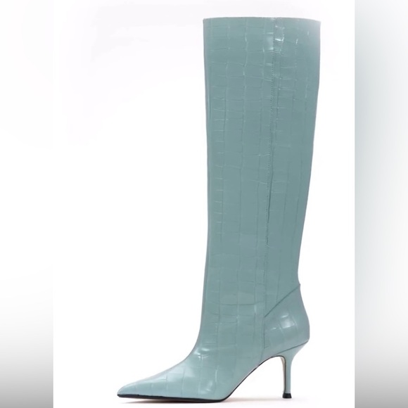 Zara Shoes - Zara blue leather croc pointed heel boot size 6